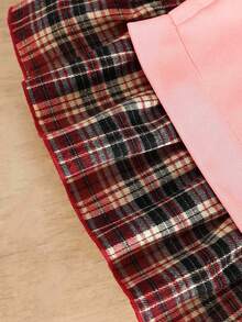 SHEIN Playful Pals 女婴休闲长袖卫衣，格子裙摆拼接设计，罗纹圆领连衣裙，适合外出、休闲穿着、度假，粉色拼接格子连衣裙，学院风连衣裙