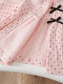 2pcs Young Girls Bubble Crinkle Print Long Sleeve Top And Pants Soft Polka Dot Bow Pajama Set, All Season - Baby Pink - View 5