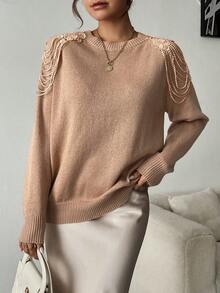 SHEIN Clasi Áo len nữ có trang trí ren, cổ tròn, tiệc tùng, lễ hội âm nhạc, đồ mặc nhà, sự kiện trở lại trường, quà tặng và mua sắm. phong cách cung điện, áo nữ gợi cảm, váy nữ mùa đông, váy nữ thanh lịch, sang trọng, áo len mùa thu - Màu Khaki - Xem 7