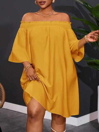 Slaydiva Plus Size Women's Off Shoulder Elegant Commute & Vacation A-Line Dress