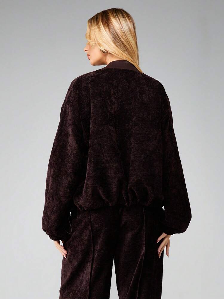 MISSGUIDED Jaqueta Bomber de Textura de Veludo com Punhos e Barra Canelados para Camadas no Outono e Inverno