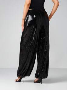 MISSGUIDED 亮片阔腿裤 高腰晚宴派对裤 适合节日场合 - 黑色 - 查看 2