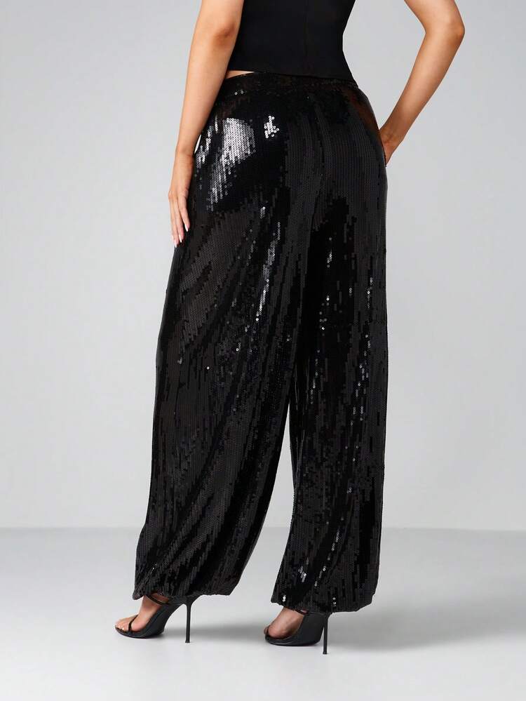 MISSGUIDED Sequin Wide Leg Palazzo Pants High Rise Evening Party Trousers For Holiday Occasions