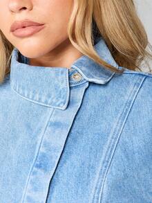 MISSGUIDED Light Wash Denim Jacket Button Front Collared Lapel Structured Casual Outerwear Classic Western Style Spring Fall - Blue - View 5