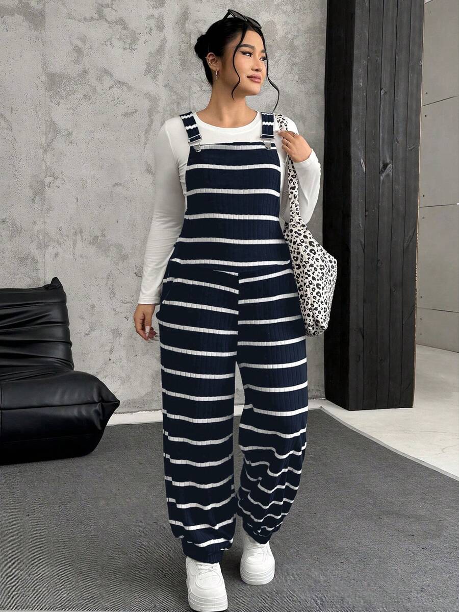 SHEIN EZwear 加大码黑白罗纹弹力抓绒背带裤 - 藏蓝色 - 查看 1