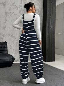 SHEIN EZwear 加大码黑白罗纹弹力抓绒背带裤 - 藏蓝色 - 查看 2