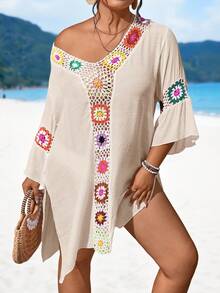 Swim Lushoire Plus Size Women V-Neck Handmade Crochet Hollow Out Sexy Slim Fit Side Slit Lightweight Beach Dress For Summer Beach Vacation - Apricot - View 5