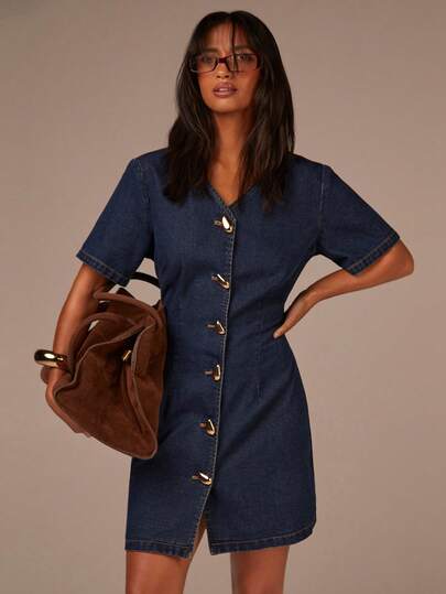 Athîral Women's V-Neck Single-Breasted Short-Sleeved Casual Denim Mini Dress, Featuring Metal Button Design, Retro Style, Slimming Waist,Autumn And Winter Outfits,New Year Dress