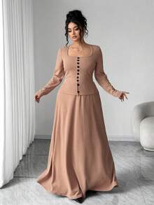 SHEIN Elenzya Elegant Textured Contrast Button Design Plus Size 2 Pieces Set - Khaki - View 3