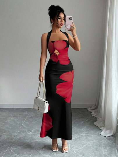 SHEIN PETITE Women's 2025 Summer Halter Tie Waist Slim Fit Printed Mid-Length Dress