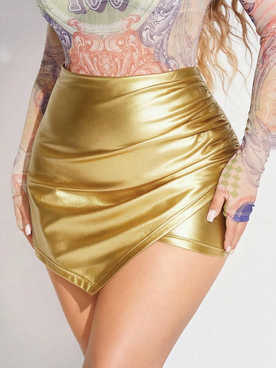 SHEIN SXY 不对称下摆PU皮革阔腿裤金色性感短裙女装，派对 - 金色 - 查看 1