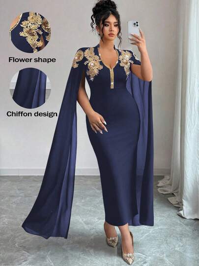 Elenzga Plus Size Women Elegant 3D Floral Bodycon Midi Dress