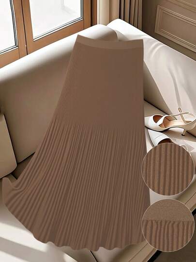 Regalyn Plus Size Women's Solid Color Elastic Waist Pleated Long Casual Skirt