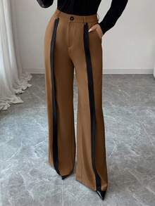 SHEIN Tall 女士休闲阔腿裤，带口袋和拉链，优雅商务通勤裤，卡其色搭配黑色，适合秋冬季节、约会、上学、工作等场合。 - 棕色 - 查看 6