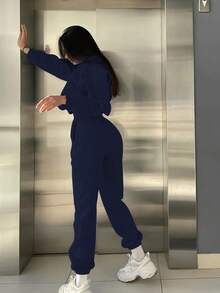 INAWLY 2 件套女士圆领长袖字母印花休闲上衣和裤子套装 - 藏蓝色 - 查看 3