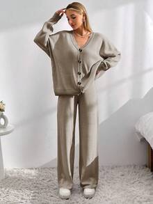 EURMUSE Drop Shoulder Cardigan & Tie Front Knit Pants - Brown - View 4