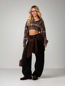 MISSGUIDED Áo sơ mi kẻ caro dáng rộng có cạp chun, cài nút, tay dài, chất liệu vải nỉ - Nhiều màu - Xem 3