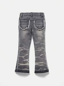 SHEIN Young Boy Vintage Urban Street Distressed Ripped Frayed Raw Edge Splicing High Elastic Grey Denim Jeans, Fall Winter,Casual And Versatile For Boys Fall/Winter Dailywear And Streetwear,Christmas, New Year,Thanksgiving,Stylish,Graduation - Grey - View 2