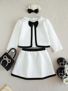 SHEIN 2pcs Baby Girl Cute Sweet Elegant Preppy Fashion White Black Contrast Color Binding Trim Bow Knot Decor Long Sleeve Round Neck Cardigan Jacket Blazer Coat Tops And A-Line Skirt Two Pieces Outfit Sets Suit Soft Clothes For Party Birthday Wedding Photo Shoot Fall Autumn Winter - White - View 8