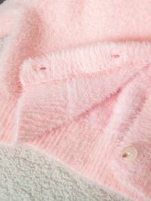 SHEIN 女大童素色前紐扣燈籠袖毛茸茸開襟衫 - 粉色 - 查看 5