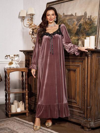 PalaceNights Fluwelen Long Nightgown Geborduurde Bloemen Bowknot Collar, Sleeve, view 5