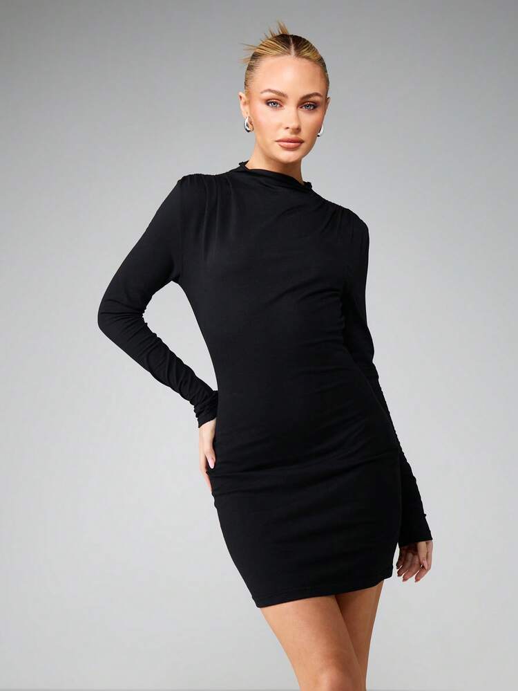 MISSGUIDED Vestido mini de manga larga con cuello de tortuga y drapeado para fiesta nocturna