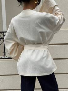 Siren Gaze 100% Cotton Cinched Waist Metal Buckle Long Sleeve Shirt,Soft&Skin-Friendly Beige Kimono Blouse,Autumn Chic Brunch Elegant Ladies Bell Sleeve Top - Apricot - View 2