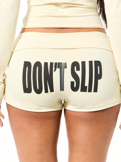 SUMWON WOMEN Fold Over Waistband Booty Shorts With Don't Slip Motivational Text Print For Casual Loungewear