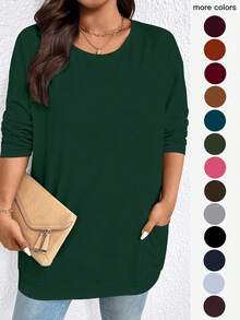EMERY ROSE Plus Size Casual Solid Color Double Pocket T-Shirt, Versatile For Autumn - Green - View 1