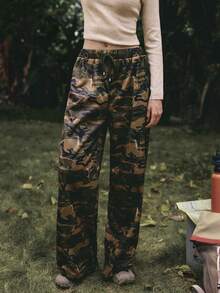 WanderVale 女士秋冬迷彩印花阔腿直筒宽松裤 - 軍綠色 - 查看 4