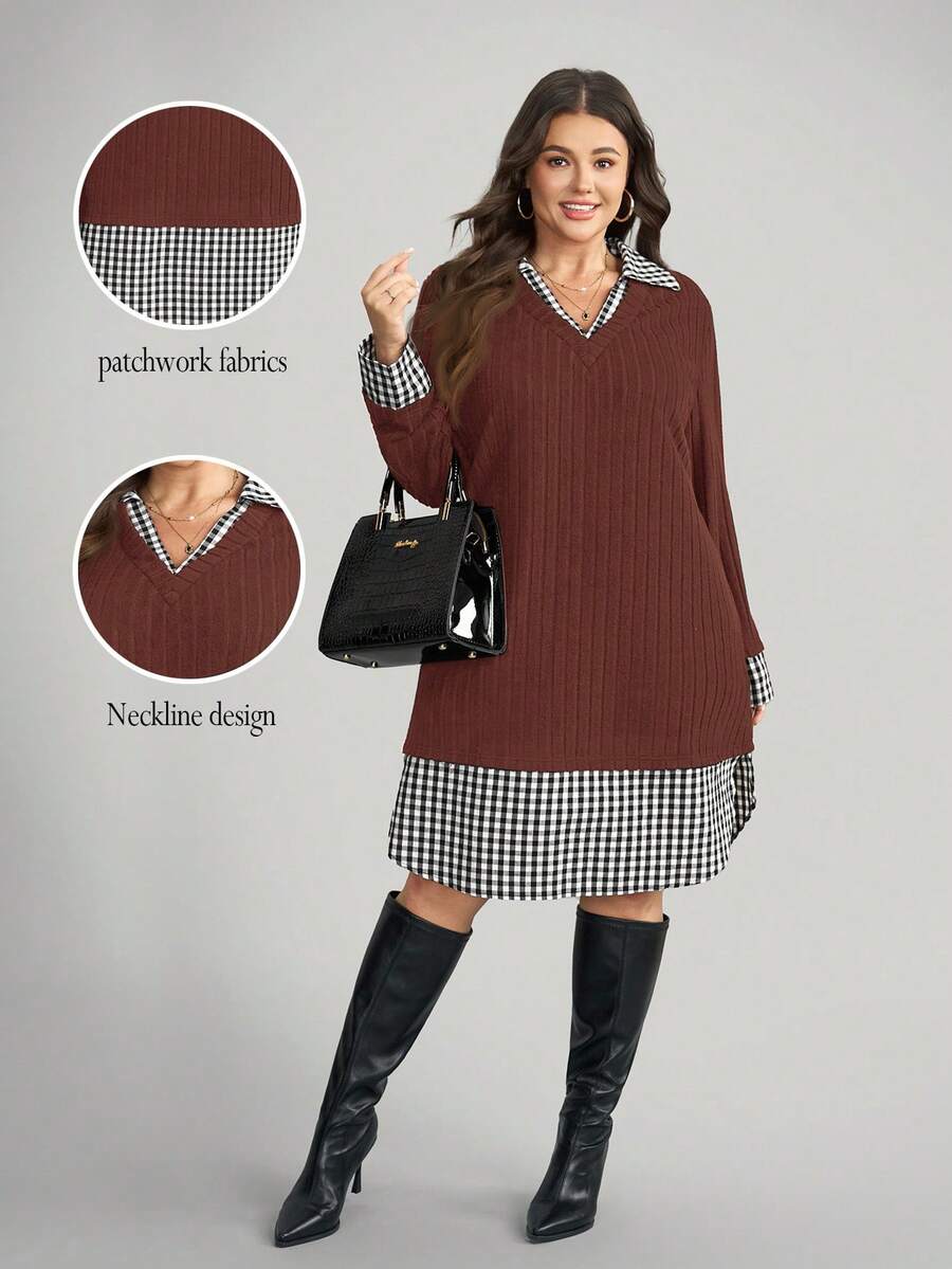 SHEIN LUNE Vestido casual holgado de manga larga a cuadros y de punto elástico en talla grande 2 en 1 - Café integral - Ver 1