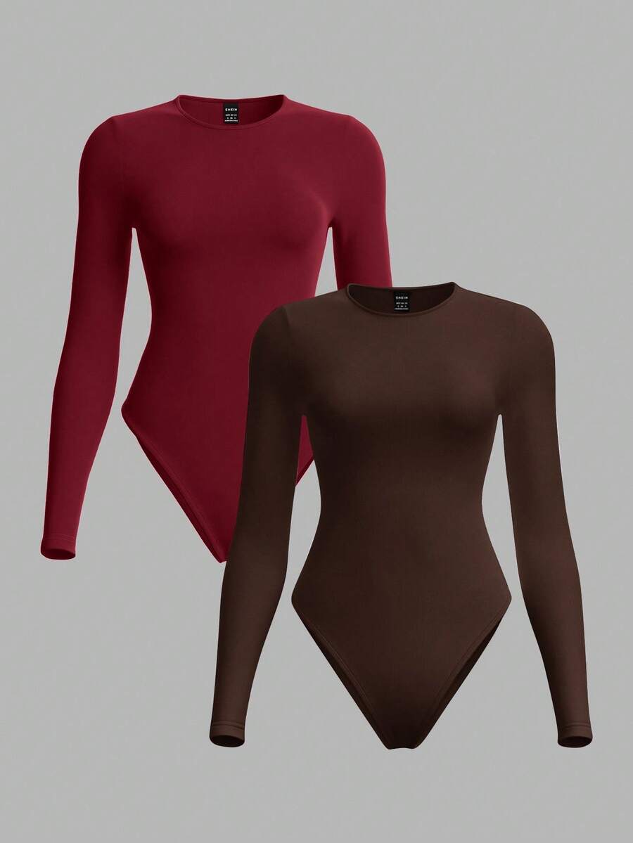 SHEIN BASICS 2pcs/Set Casual Solid Color Knit Crew Neck Long Sleeve Bodysuit For Women Summer Outfit For Women - Burgundy - View 1