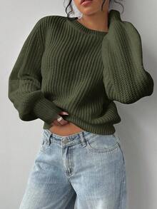 SHEIN BASICS 女款純色圓領長袖休閒寬鬆針織毛衣，秋冬季 - 軍綠色 - 查看 4