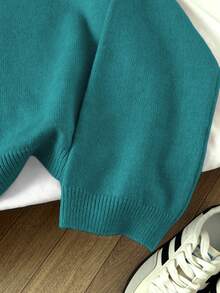 Elamini Women's Casual Solid Color Pullover Sweater, Autumn/Winter - Teal Blue - View 6