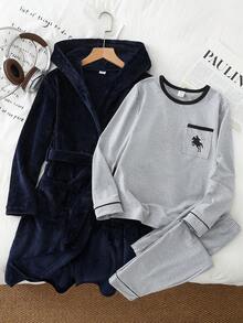 3pcs Set Navy Blue Bathrobe & Solid Gray Plush Pajamas, Small Logo Design For Tween BoySleepwear Homewear Set - Multicolor - View 6