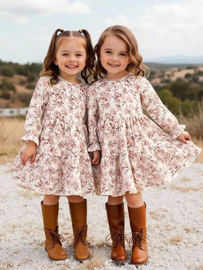 Emery Rose Kids Emery Rose Kids Young Girl Young Girl Twins Girl Ditsy Floral Round Neck Puff Sleeve Fitted Casual Cake A-Line Dress,Autumn Winter New Arrival,Young Girl ,Mommy & Sisters & Me Matching.Back To School, Girls Fall Dress Little Girl Floral Long Sleeve Party Dress Girls Autumn Dress Tween Fall Dress Kids Floral Dress