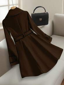 Franclia 女士休闲撞色滚边羊毛混纺外套，秋冬季 - 咖啡棕 - 查看 2