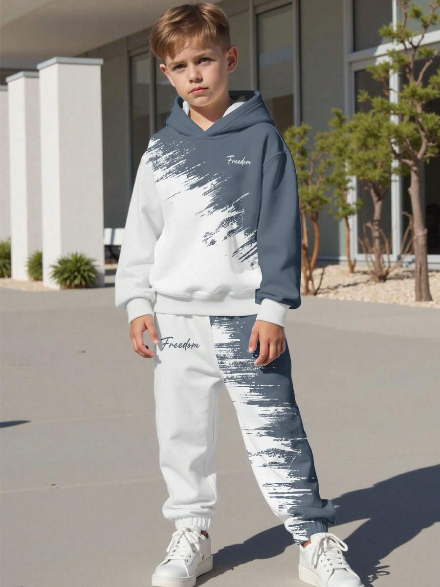 Set de 2 sudaderas con capucha de manga larga con efecto de salpicadura gráfica clásica y elegante para niño preadolescente, adecuado para otoño/invierno - Multicolor - Ver 1