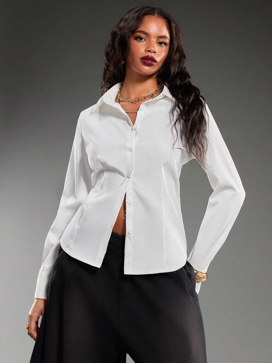 Normani Women's Casual Solid Color Drawstring Single-Breasted Shirt - White - View 1
