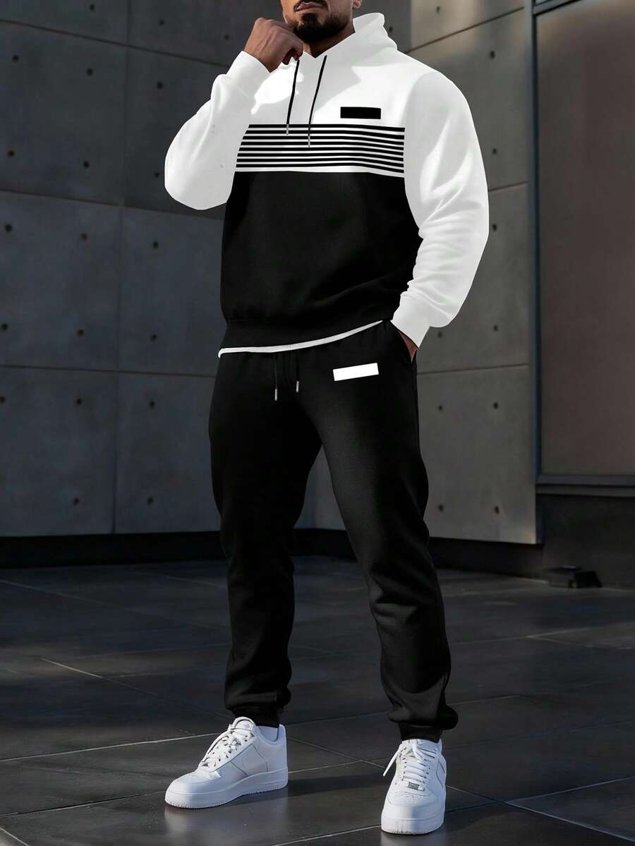 Manfinity Homme Men's Casual Contrast Stripe Print Drawstring Hoodie And Sweatpants Set, Spring/Autumn - Multicolor - View 1