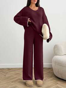 EURMUSE Women's Ribbed Knit Sweater Beige Pullover Suitable For Winter - Burgundy - View 1