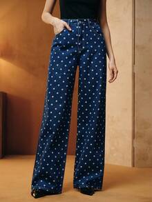 Anewsta Women's Polka Dot Pattern Pocketed Wide Leg Loose Casual Jeans - Blue and White - View 6