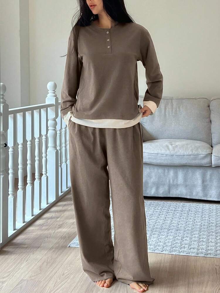 Women's Autumn/Winter Minimalist Color Block Knit Long Sleeve Top And Pants 2 Pieces Pajama Set