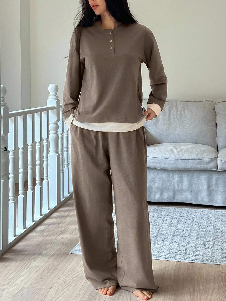 DAZY Bộ đồ ngủ 2 món gồm áo len dài tay và quần dài màu tối giản dành cho nữ mùa thu/đông - Cà phê nâu - Xem 1