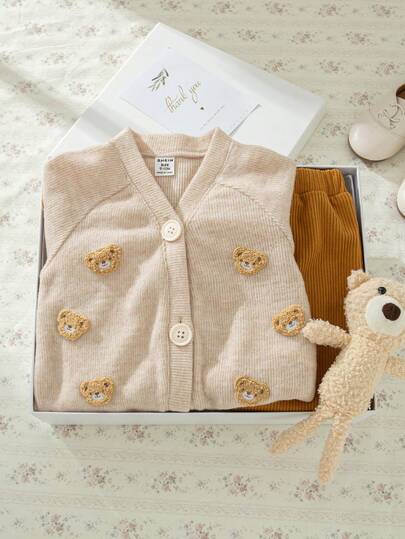 Souflis Souflis 2pcs Set Vintage French Style Long Sleeve Cardigan With 3D Bear Pattern Jacket And Brown Corduroy Pants, Versatile Outfit For Home, Casual, School Wear, Toddler Boys