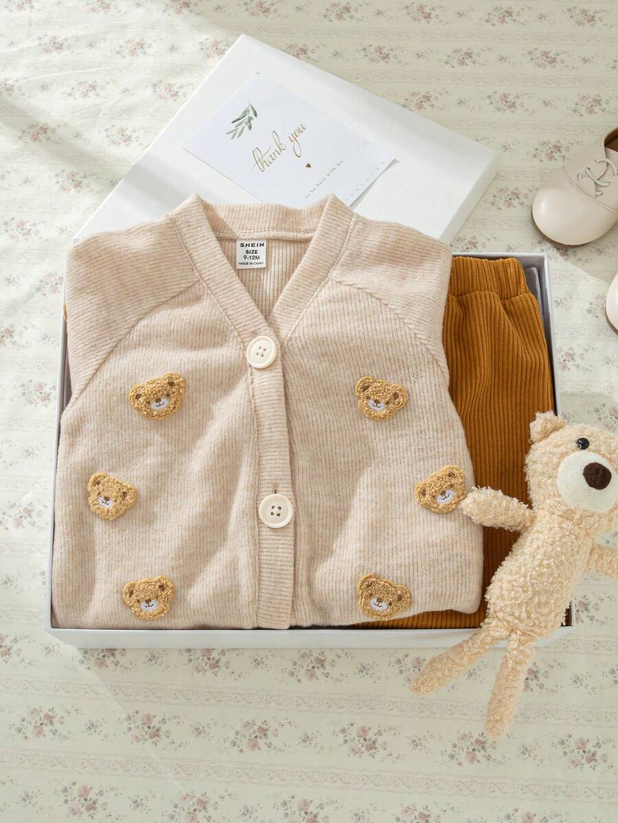 Souflis Souflis 2pcs Set Vintage French Style Long Sleeve Cardigan With 3D Bear Pattern Jacket And Brown Corduroy Pants, Versatile Outfit For Home, Casual, School Wear, Toddler Boys - Multicolor - View 1