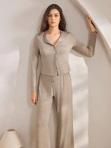 Ocili Comfortable Striped Cotton Soft Minimalist Long Sleeve Top & Long Pants Shell Button Front Women Lounge Set, Winter Clothes - Khaki - View 6