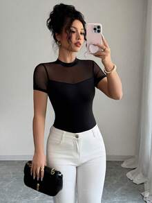 SHEIN Tall 女士优雅纯色百搭透视弹力修身T恤 - 黑色 - 查看 5