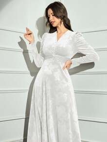 Modelyn 女士V领交叉裹身优雅长袖阿拉伯风格端庄连衣裙长款晚礼服 - 白色 - 查看 6