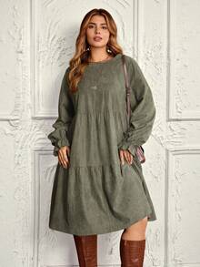EMERY ROSE Plus Size Green Color Long Sleeve Casual Dress, Autumn/Winter,2025 New, Thanksgiving, Thanksgiving Outfit For Women - Army Green - View 6